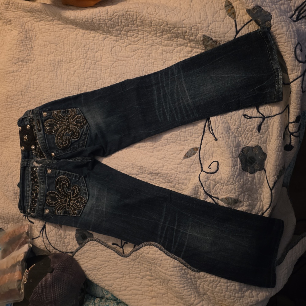 Miss Me Dark Blue Boot Cut Jeans with Embellished Pockets